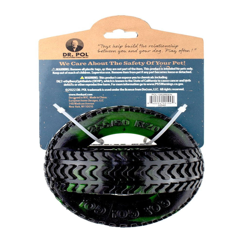 Green TPR Thread Tire Fetch & Chew Dog Toy for All Dogs. Play, Toss & Tug. 4.5"