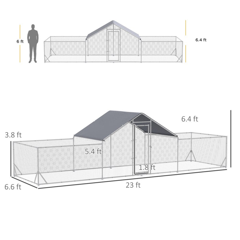 Large Metal Chicken Coop with Waterproof Shady Roof, Pet Playpen with Lockable Door for 12-14 Small Animals, Spire Shaped Walk in Fence Cage Hen House for Outdoor Yard Farm, 23' X 6.6' X 6.4'