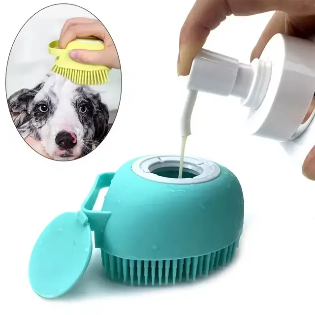 Cepillo de baño de silicona suave y ecológico para mascotas con dispensador de jabón