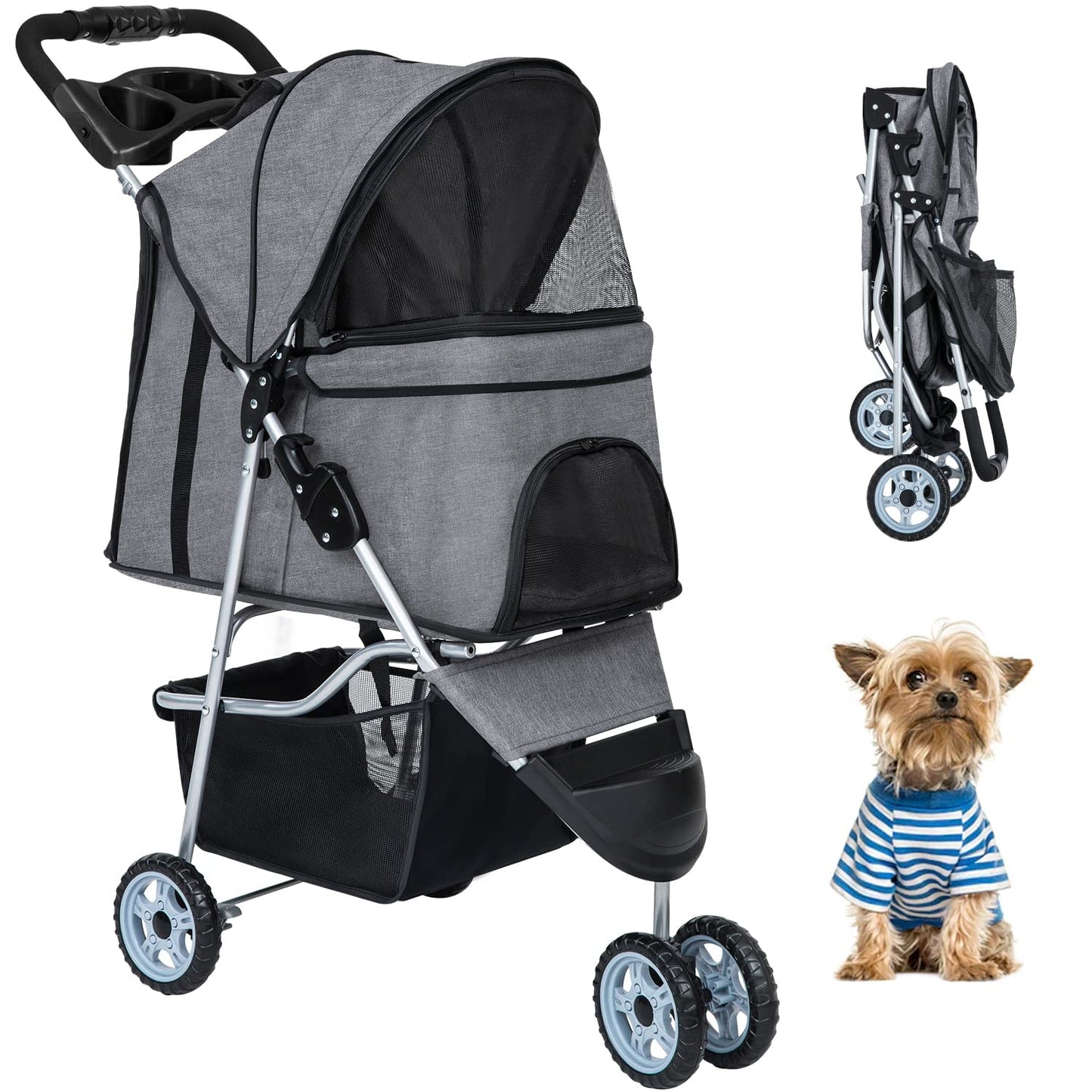 Pet Stroller Dog Cat Jogger Stroller for Medium Small Dogs Cats Folding Lightweight Travel Stroller with Cup Holder (Grey, 3 Wheels)