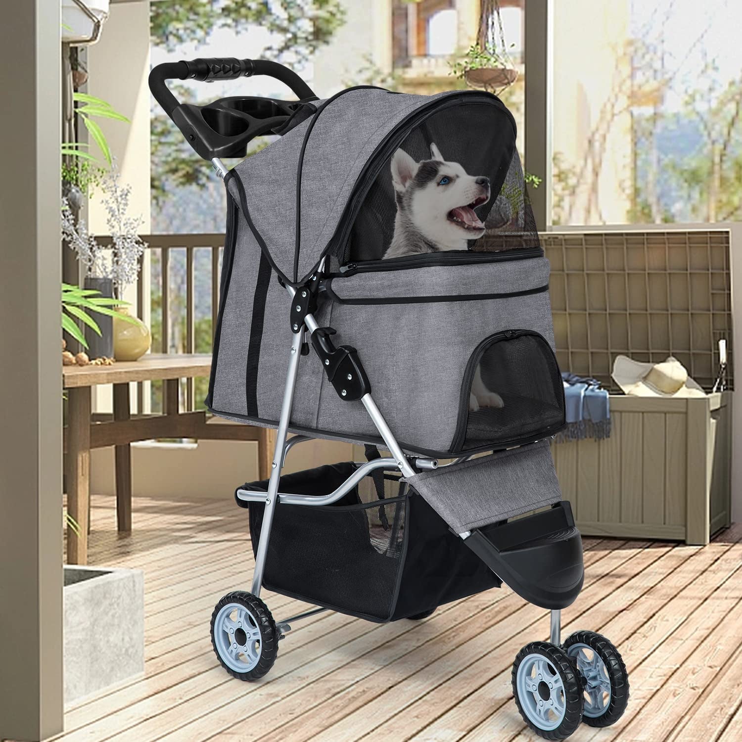 Pet Stroller Dog Cat Jogger Stroller for Medium Small Dogs Cats Folding Lightweight Travel Stroller with Cup Holder (Grey, 3 Wheels)