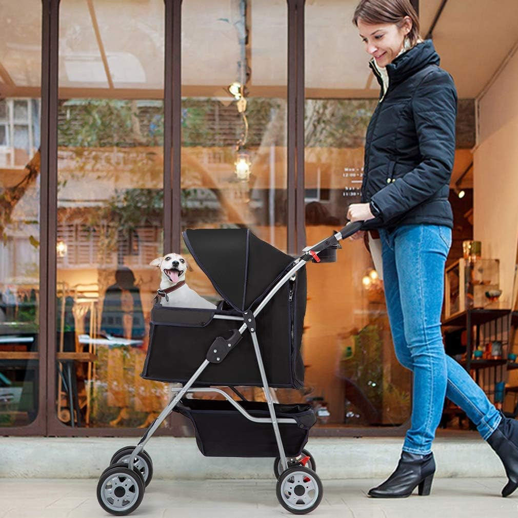 Pet Stroller Cat Dog Cage Stroller Travel Folding Carrier,Black