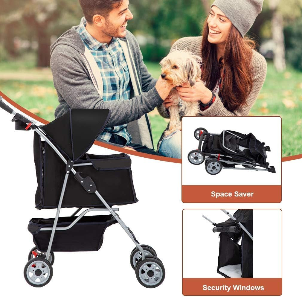 Pet Stroller Cat Dog Cage Stroller Travel Folding Carrier,Black