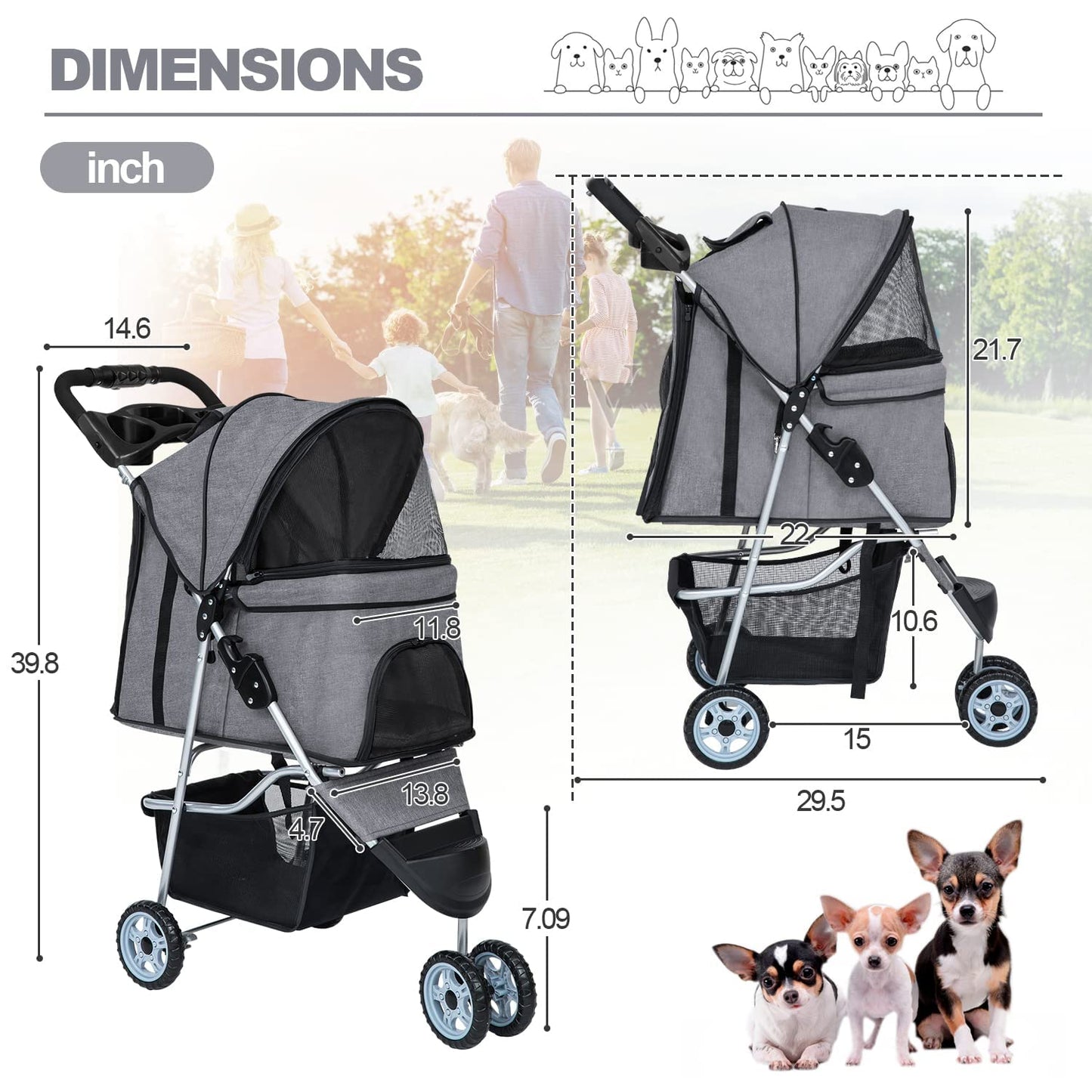 Pet Stroller Dog Cat Jogger Stroller for Medium Small Dogs Cats Folding Lightweight Travel Stroller with Cup Holder (Grey, 3 Wheels)