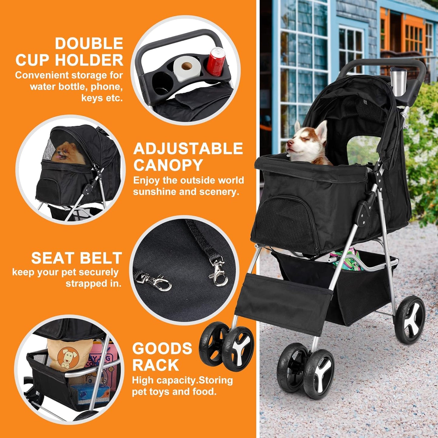 Pet Stroller 4 Wheels Dog Cat Stroller for Small Medium Dogs Cats Foldable Puppy Stroller with Storage Basket and Cup Holder