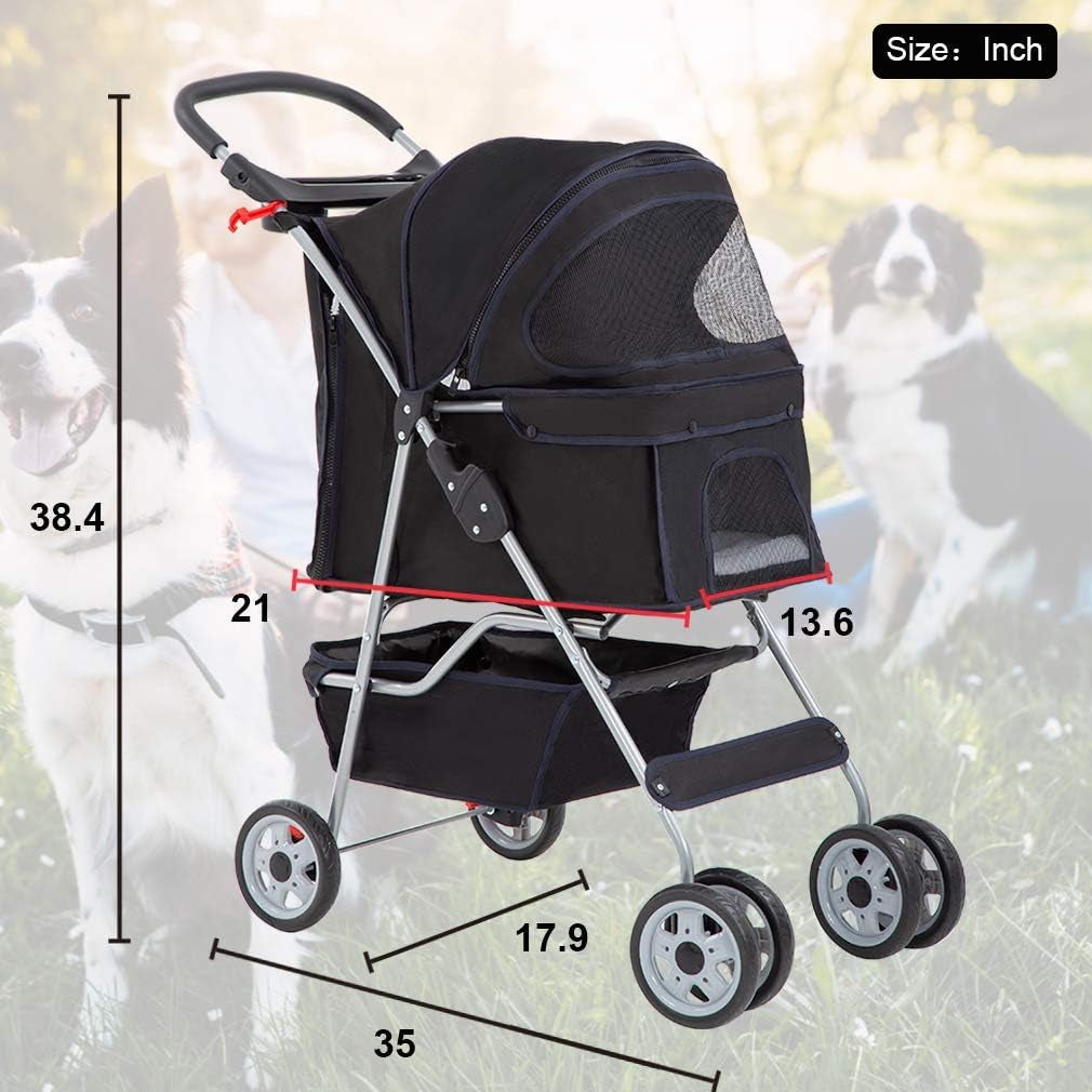 Pet Stroller Cat Dog Cage Stroller Travel Folding Carrier,Black