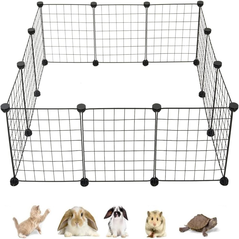 Pet Playpen, Small Animals Supplies, 12 Panels Exercise Playpens Cage, Grids Portable Yard Fence Indoor, Ideal for Guinea Pigs, Puppy Pet Products, DIY Metal Yard Fence, 14" × 14" Black