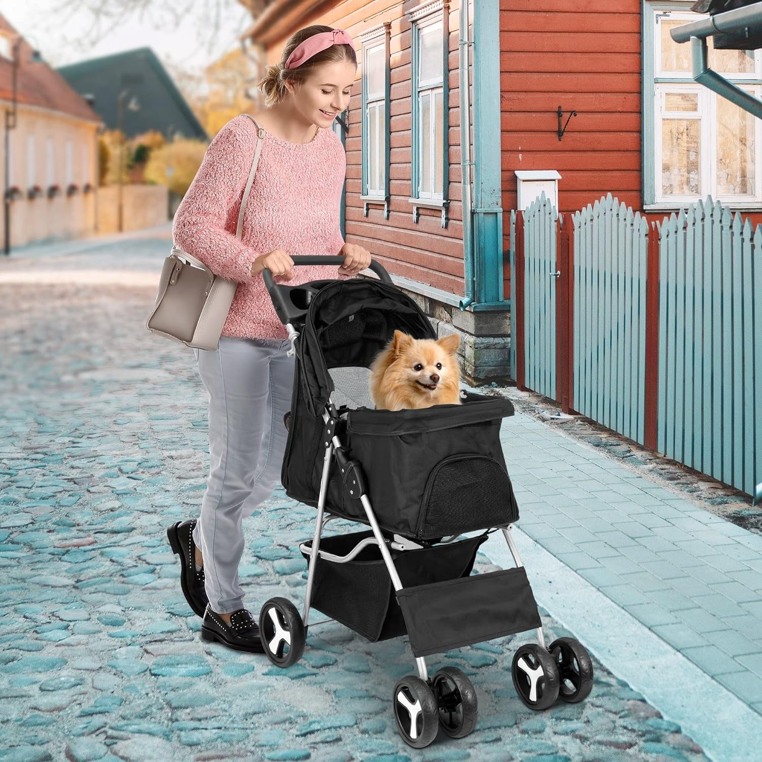 Pet Stroller 4 Wheels Dog Cat Stroller for Small Medium Dogs Cats Foldable Puppy Stroller with Storage Basket and Cup Holder