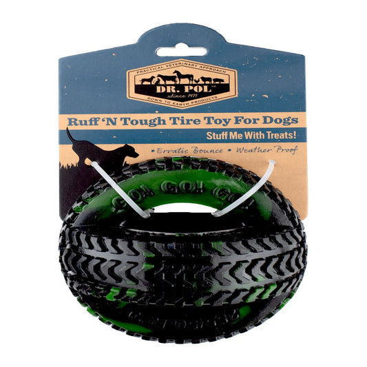 Green TPR Thread Tire Fetch & Chew Dog Toy for All Dogs. Play, Toss & Tug. 4.5"