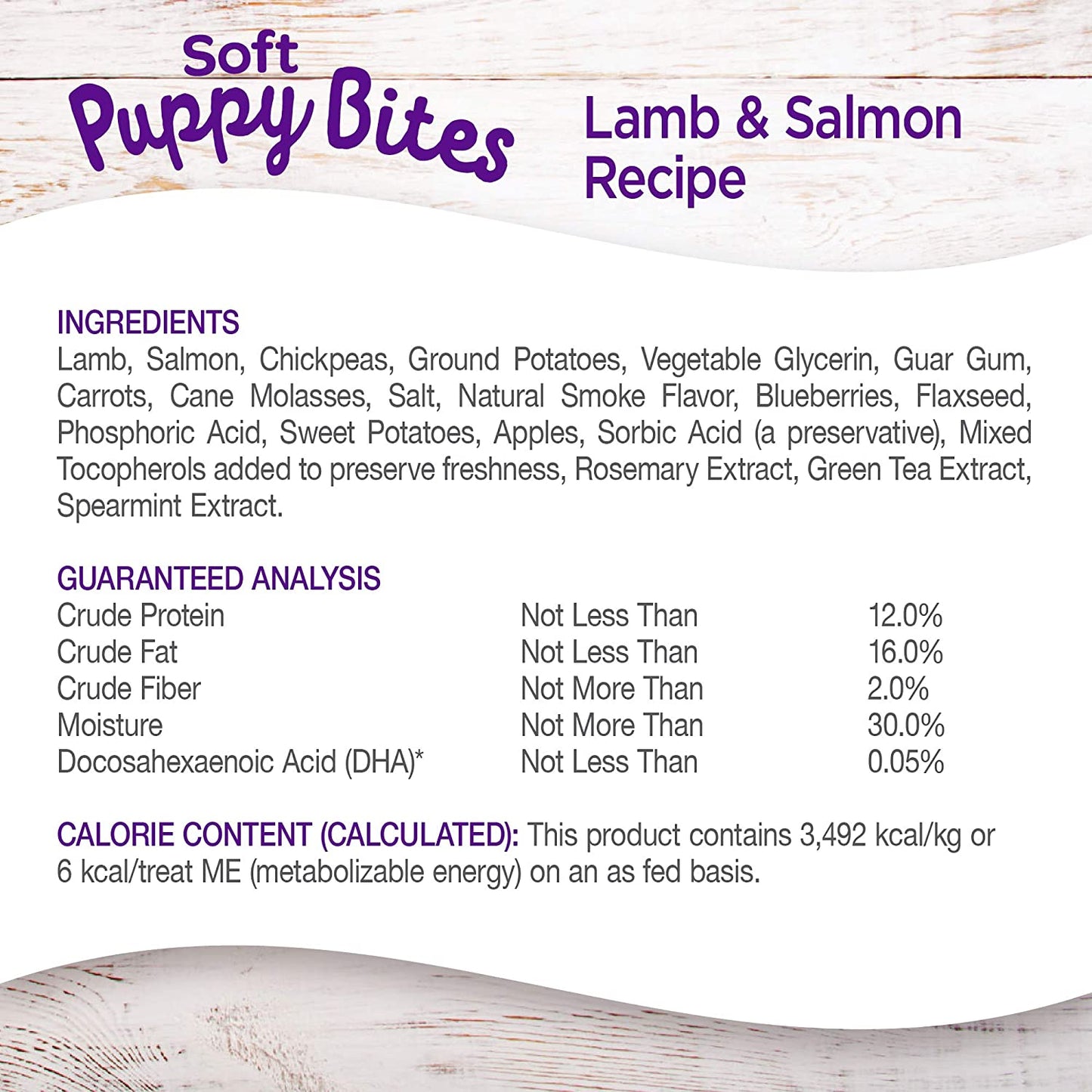 Professional title: " Soft Puppy Bites Grain-Free Dog Treats with Real Lamb & Salmon, DHA, and No Artificial Flavors - 3 oz Bag"