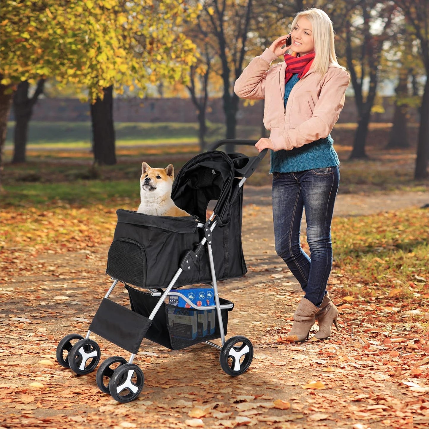 Pet Stroller 4 Wheels Dog Cat Stroller for Small Medium Dogs Cats Foldable Puppy Stroller with Storage Basket and Cup Holder