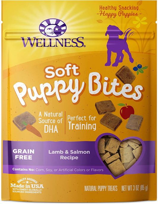 Professional title: " Soft Puppy Bites Grain-Free Dog Treats with Real Lamb & Salmon, DHA, and No Artificial Flavors - 3 oz Bag"